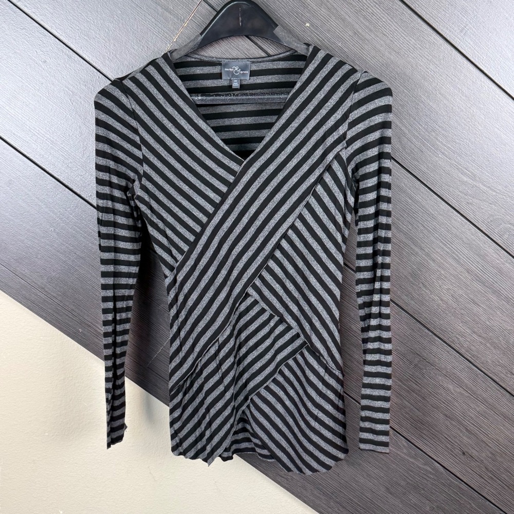 Market & Spruce Women XS Black Gray Striped Faux Wrap Ruched Long Sleeve Grunge